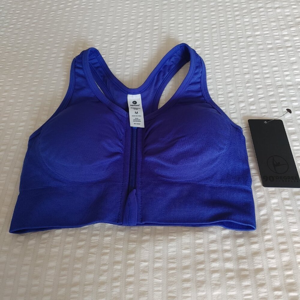 NWT 90 DEGREE BY REFLEX BLUE SEAMLESS KATIE ZIP SPORTS BRA